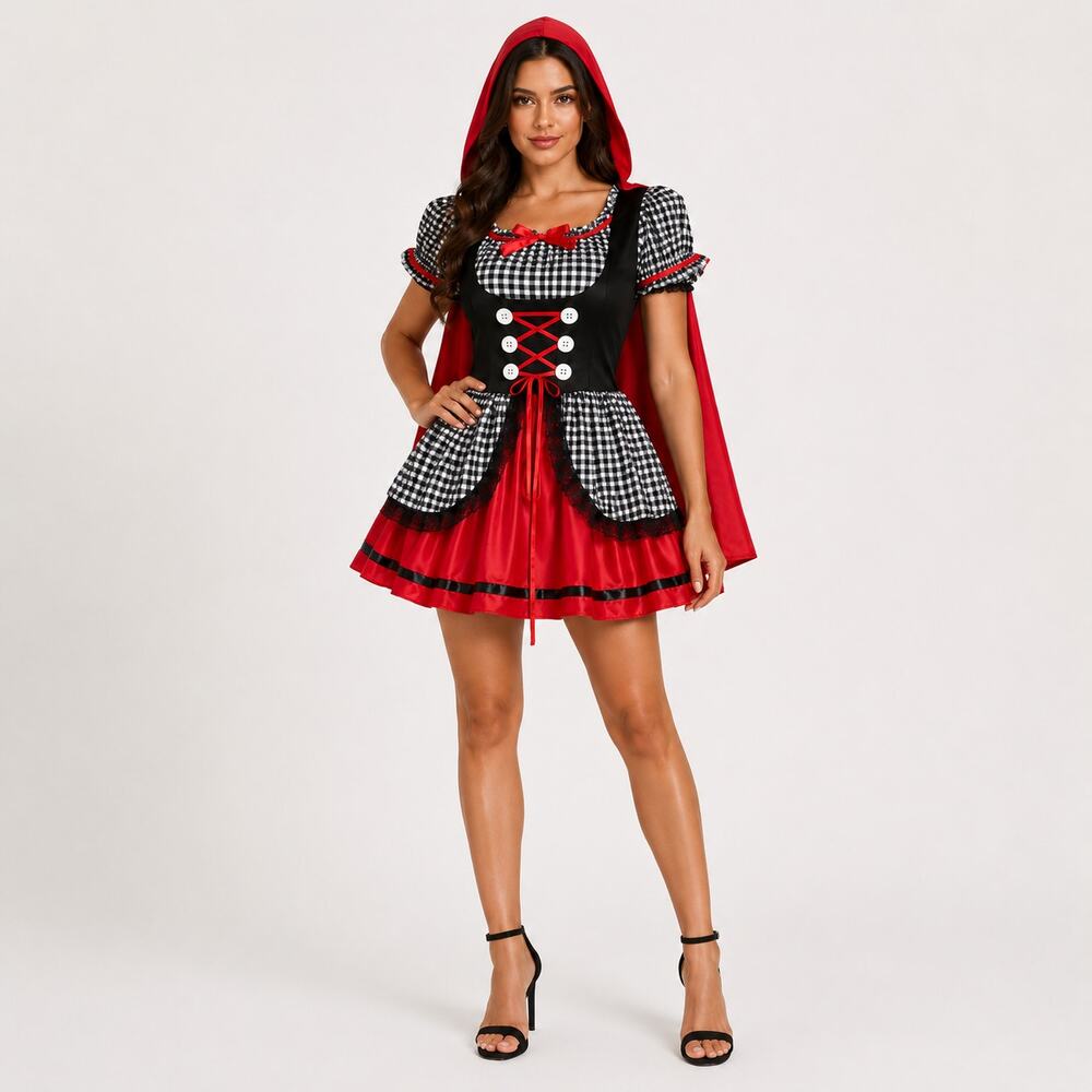 Red Riding Hood Costume Womens M 8-10 Red Black Gingham Hooded Dress Adult